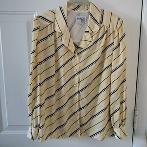 Brownstone Studio Yellow Navy Striped Pearl Button Blouse Top 10 Office Work 80s
